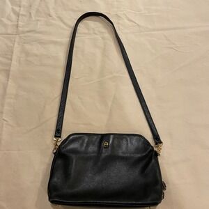 Vintage Aigner Black Leather Crossbody Shoulder Bag Adjustable Gold Accent‎